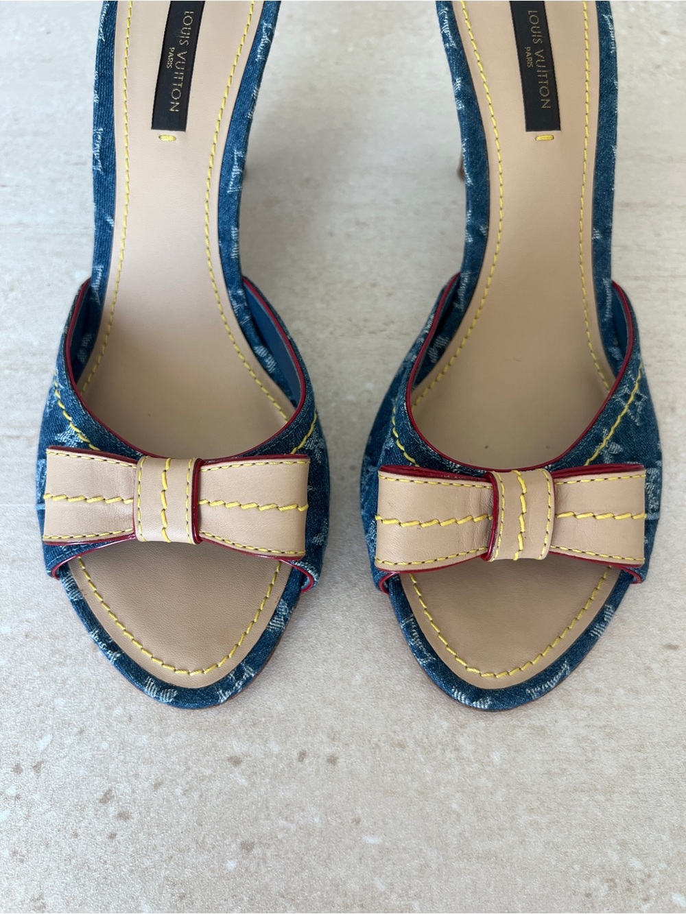 Louis Vuitton Denim Monogram Slide Mules with Beige Bow - Picture 3 of 8